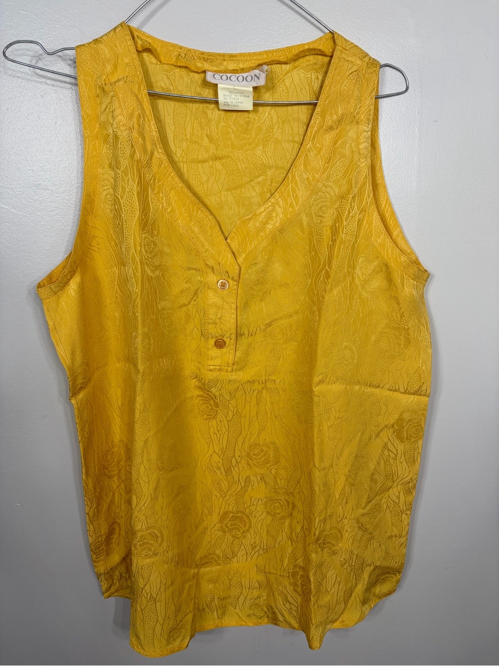 Vintage Cocoon 100% Silk‎ Yellow Floral Jacquard Tank Top Blouse Art To Wear
